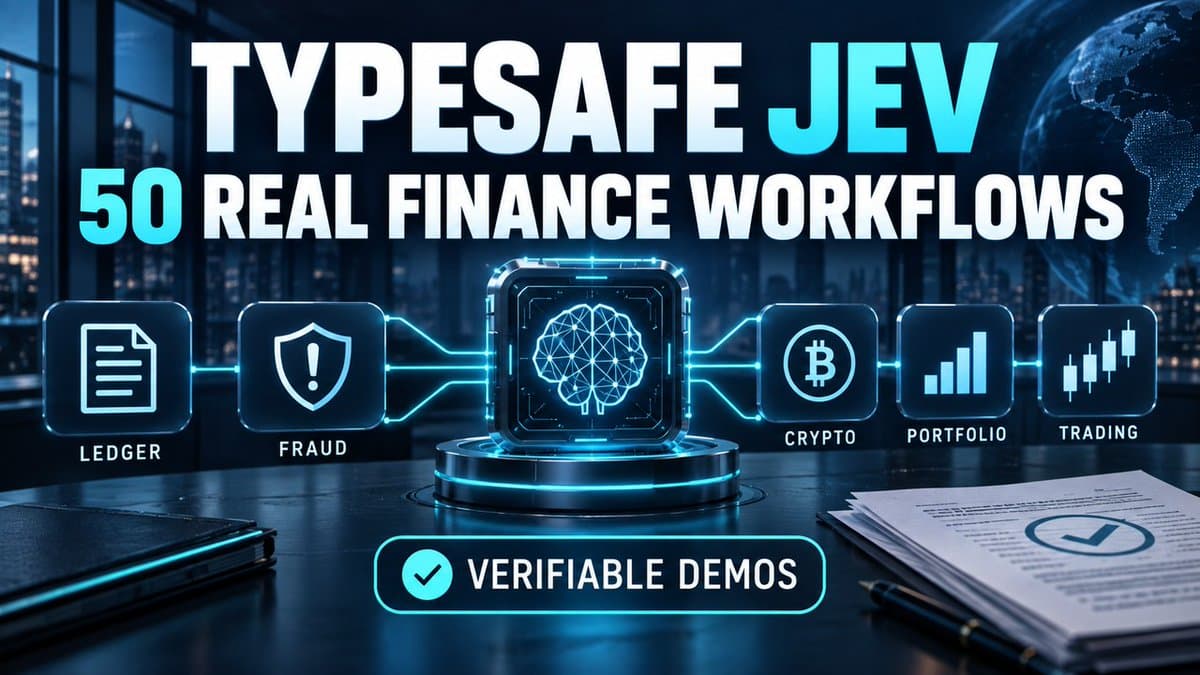 Promotional thumbnail for an educational TypeSafe Jev evaluation: “50 real finance workflows” across ledger, fraud, crypto, portfolio and trading, with “verifiable demos” beneath.