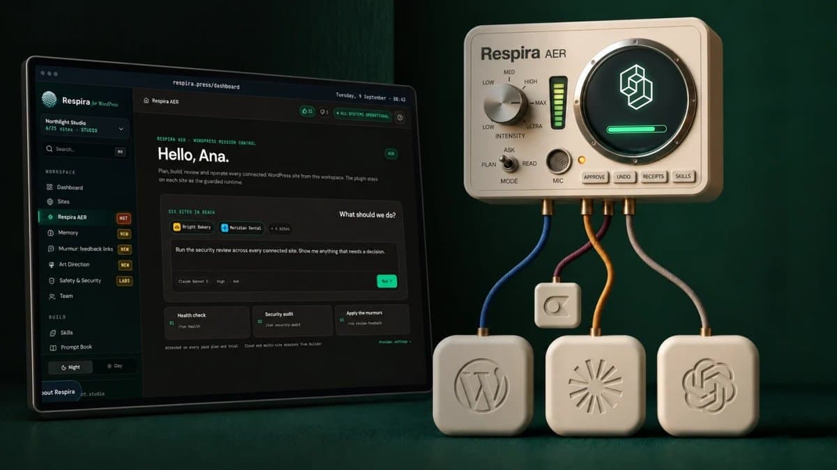 The Respira AER console beside a laptop showing the AER dashboard. The console's round screen shows the TypeSafe logo above an emerald progress bar.