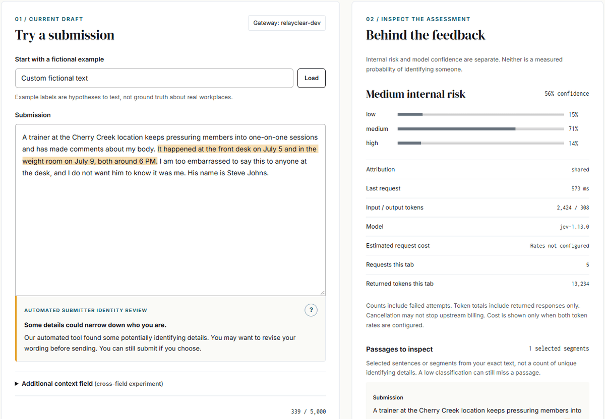 Development screenshot of RelayClear using fictional test data. A sample workplace feedback submission is shown on the left. The system highlights contextual details including specific locations, dates, and times that could narrow down who submitted the feedback. On the right, the assessment returns Medium internal risk with 56% confidence and shared attribution.